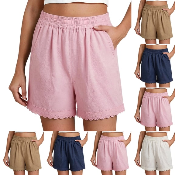 YanHoo Plus Size Cotton Linen Shorts for Women High Elastic Waist Solid Color Short Pants Summer Casual Comfy Shorts with Pockets