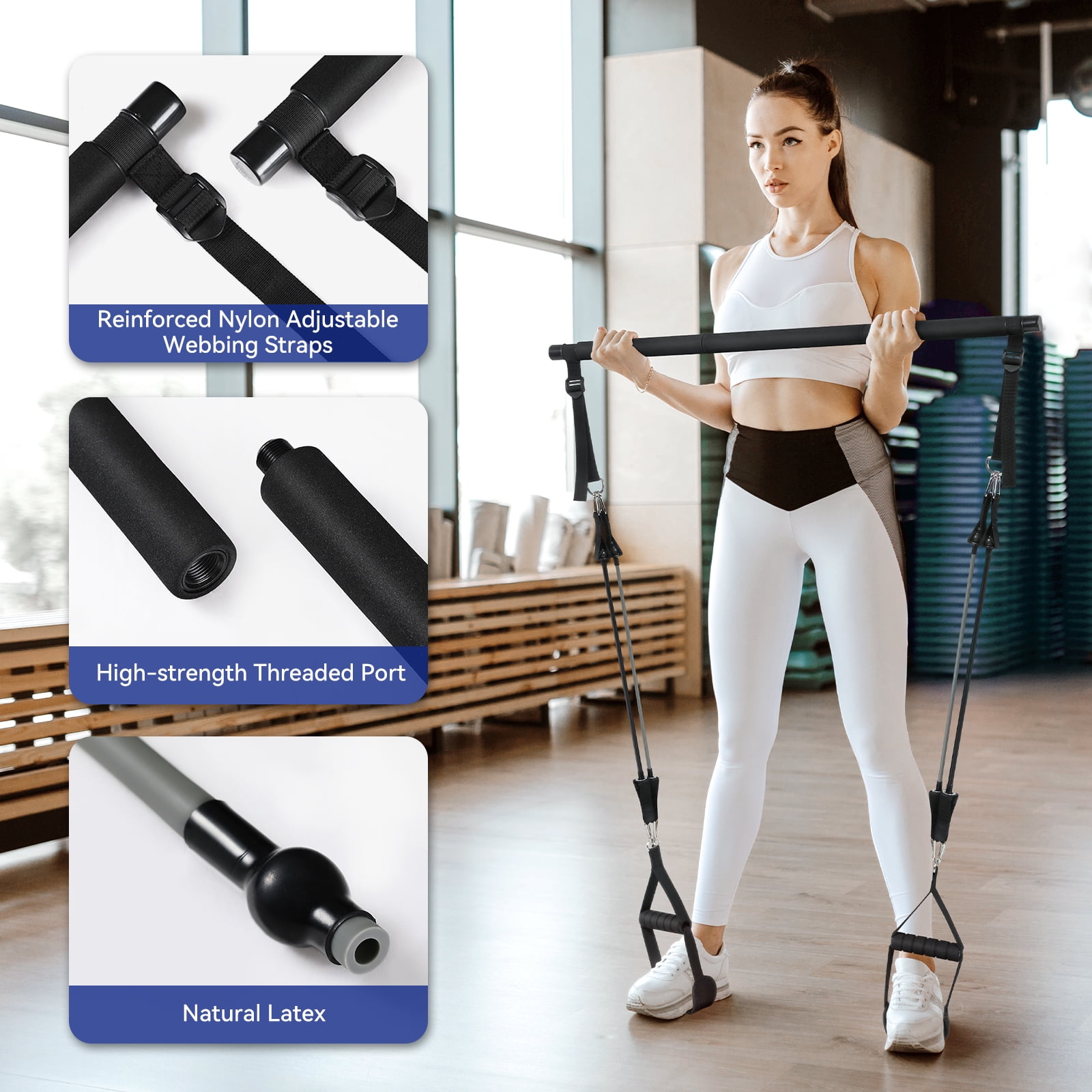 ALongSong Barre Pilates élastique Avec Bandes Résistance 180Lbs Ou 140Lbs – Fitness, Yoga, Squat, Porte-ancrage