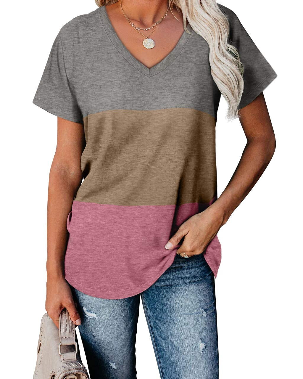 ROSVIGOR Womens T Shirts Color Block Tops for Women V Neck Tshirts ...