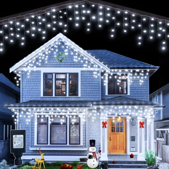 Ollny 24ft 216 LED Icicle Lights for Outside, 8 Lighting Modes 3 Timing Waterproof Icicle Christmas Lights Indoor Outdoor Decorations, White