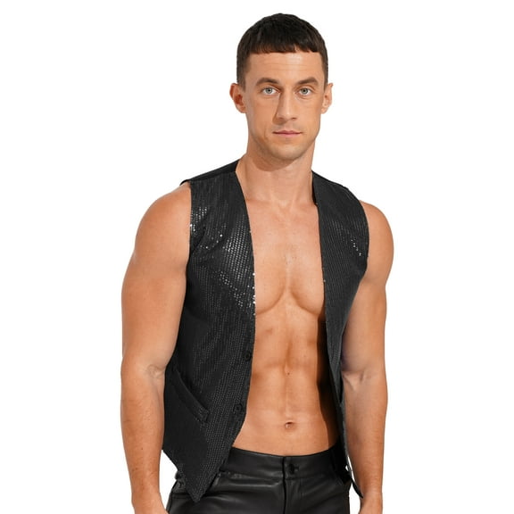 Haitryli Men's Glitter Sequins Waistcoat Sleeveless Vest Disco Party Club Wear Black XXL