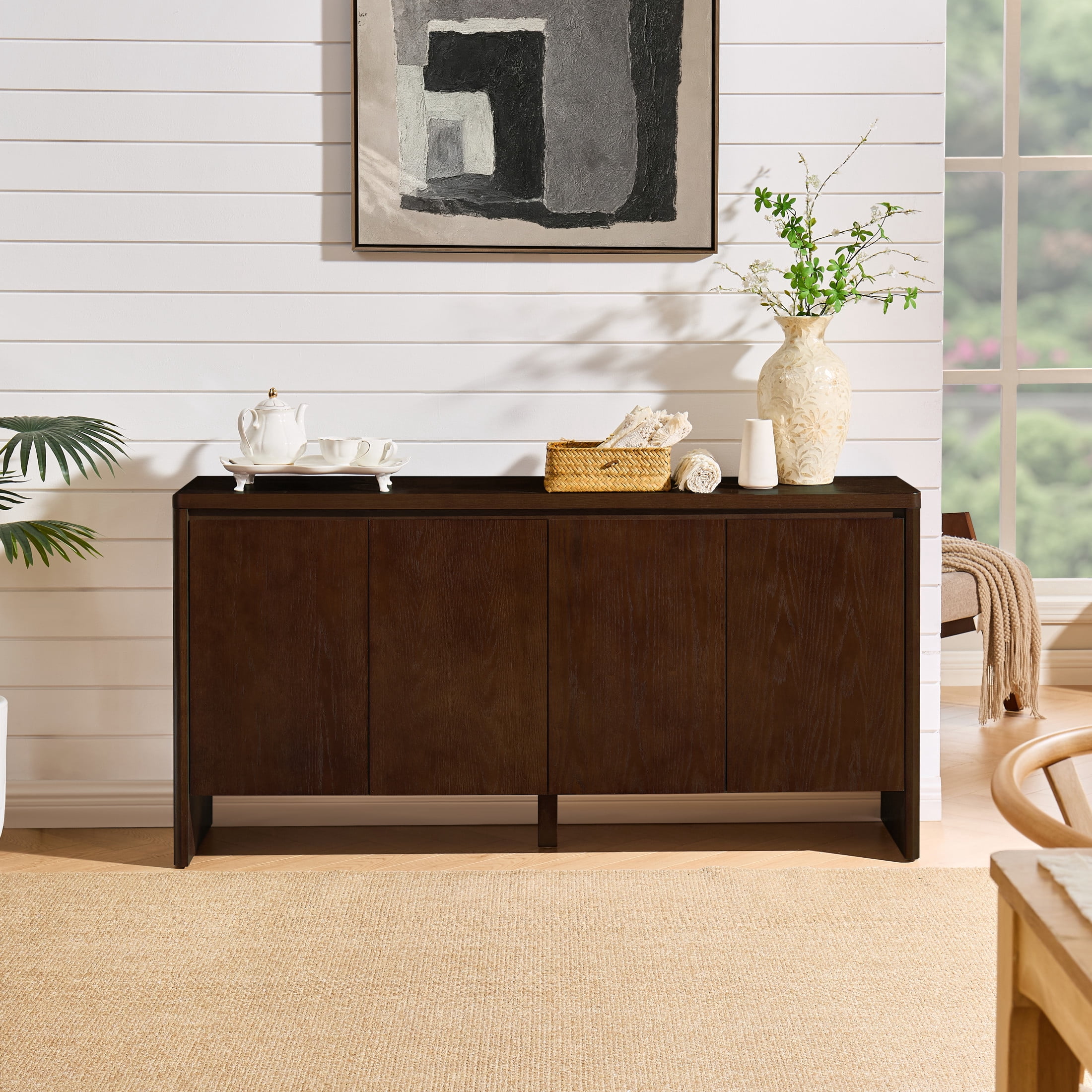 GDF Studio 61.1-Inch Mid-Century Sideboard Buffet Cabinet with Adjustable Shelves, Outlet Holes, Walnut