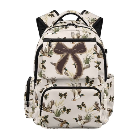 Yspwyqan Brown Bow Camo Girls Backpack 17 600D Polyester Bookbag for School Front Pocket Mallard Duck Casual Daypack for Elementary Middle Hiking Camping