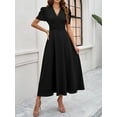 thumbnail image 5 of Krumba Summer V-Neck Women Dress: Puff Short Sleeve A-Line Midi - Casual for Beach Party Wedding Guest Black Size M, 5 of 5