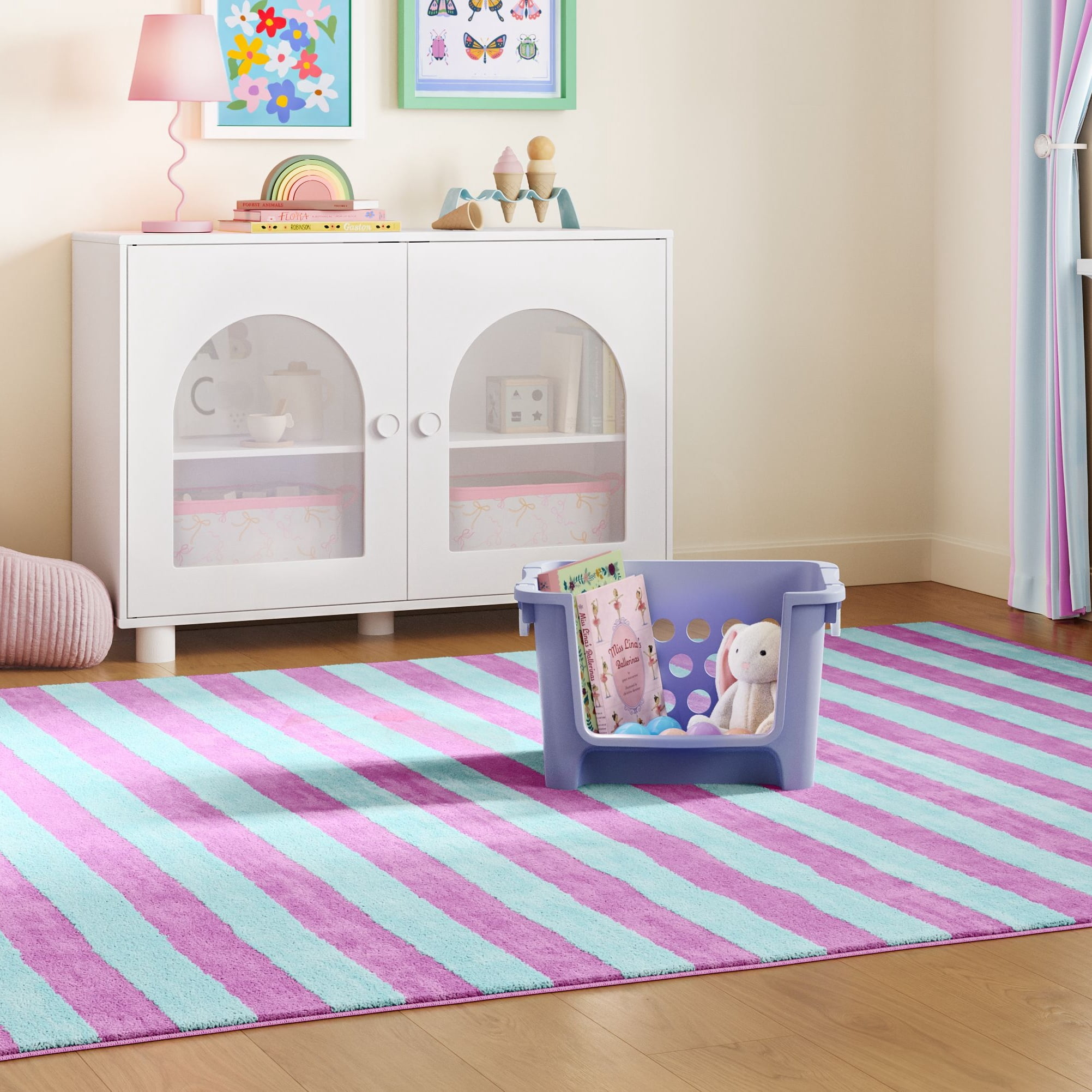 Mainstays Kids Large Purple Plastic Open-Front Stackable Toy Storage Basket with Handles