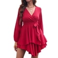 thumbnail image 1 of Vestido de mujer Laklulu con escote en V profundo, manga larga, lazo en la cintura, volantes, minivestidos estilo patinador - Claret, Claret, M, 1 of 6