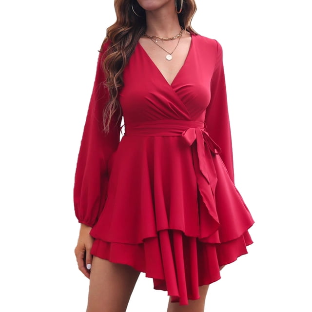Vestido de mujer Laklulu con escote en V profundo, manga larga, lazo en la cintura, volantes, minivestidos estilo patinador - Claret, Claret, M