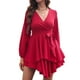 thumbnail image 1 of Vestido de mujer Laklulu con escote en V profundo, manga larga, lazo en la cintura, volantes, minivestidos estilo patinador - Claret, Claret, M, 1 of 6