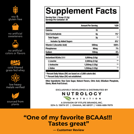 Nutrology - BCAA Natural - Plant Sourced Amino Acid Drink - OC Tropical - 30 Servings