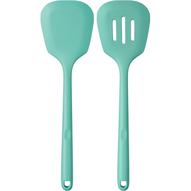 600°F Heat Resistant Silicone Turners: U-Taste 13.6in Long Solid & Slotted Kitchen Spatula Flipper, Wide and Large Flexible Cooking Utensil for Flipping Egg, Pancake, Cookie (Aqua Sky, 2PCS)
