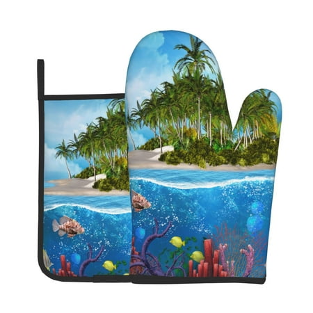 

Lukts Island And Coral Reef Print Kitchen Heat-Resistant Gloves and Spacers 2pcs Set Suitable for Baking and Cooking