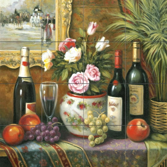 Tile Mural Kitchen Backsplash - Wine and Floral 3 - by John Zaccheo