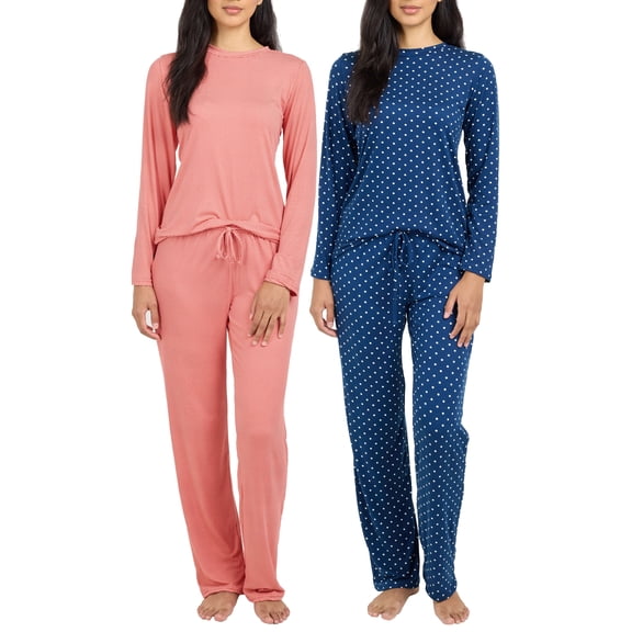 Real Essentials 2 Pack: Women's Comfy Pajama Sets - Short & Long Sleeve Ladies Loungewear Sleepwear PJs (Available In Plus)
