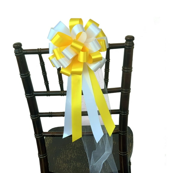 Yellow & White Pull Bows with Tulle Tails - 8" Wide, Set of 6, Easter, Christmas, Wedding