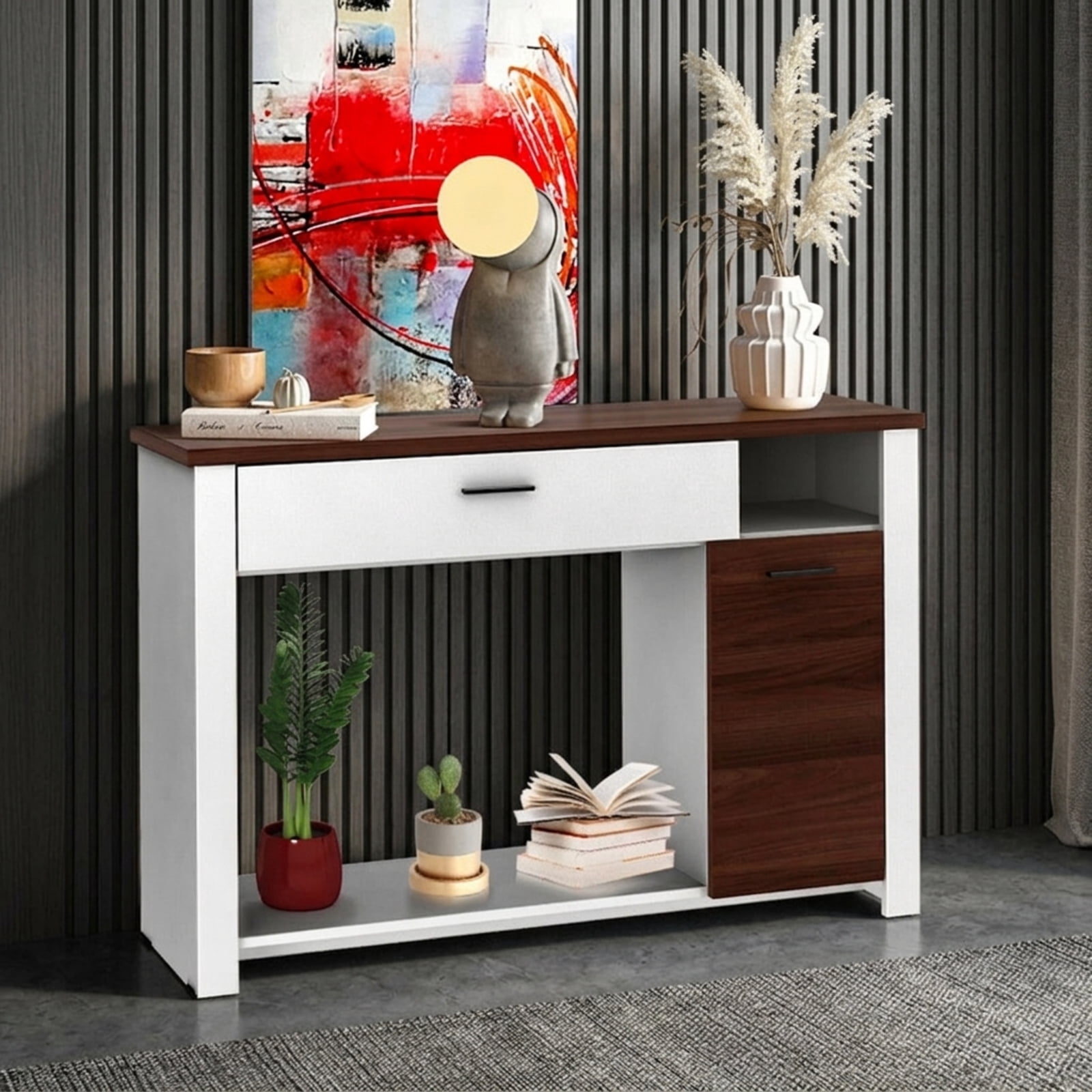 Furnibear 48 Inch Console Table with Drawer Cabinet and Storage Shelf Sofa Table for Entryway Living Room Hallway, White