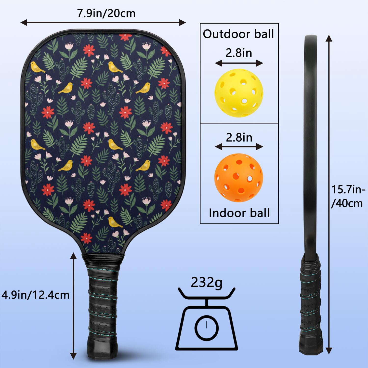 Pickleball Paddles Set,Pioneer Flower Floral Print Pattern Fiberglass Surface Pickleball Racket Set with 2 Indoor Outdoor Pickleball Balls and Pickleball Bag,Pickle-ball Equipment
