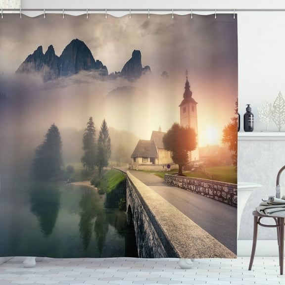 Ambesonne Landscape Shower Curtain, Foggy Morning Scenery, 69"Wx84"L, Beige Grey