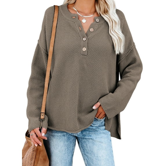 HOTAPEI Womens Waffle Knit Sweater Casual Crew Neck Long Sleeve Pullover Sweaters for Women Side Slit Henley Knit Tops