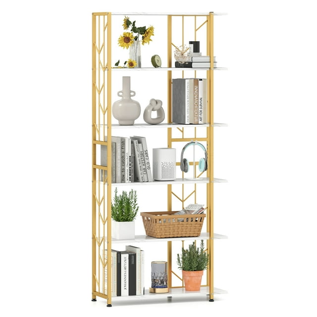 Gymax 6-Tier Bookshelf w/Heavy-duty Metal Frame2 Anti-tipping Kits for Living Room White