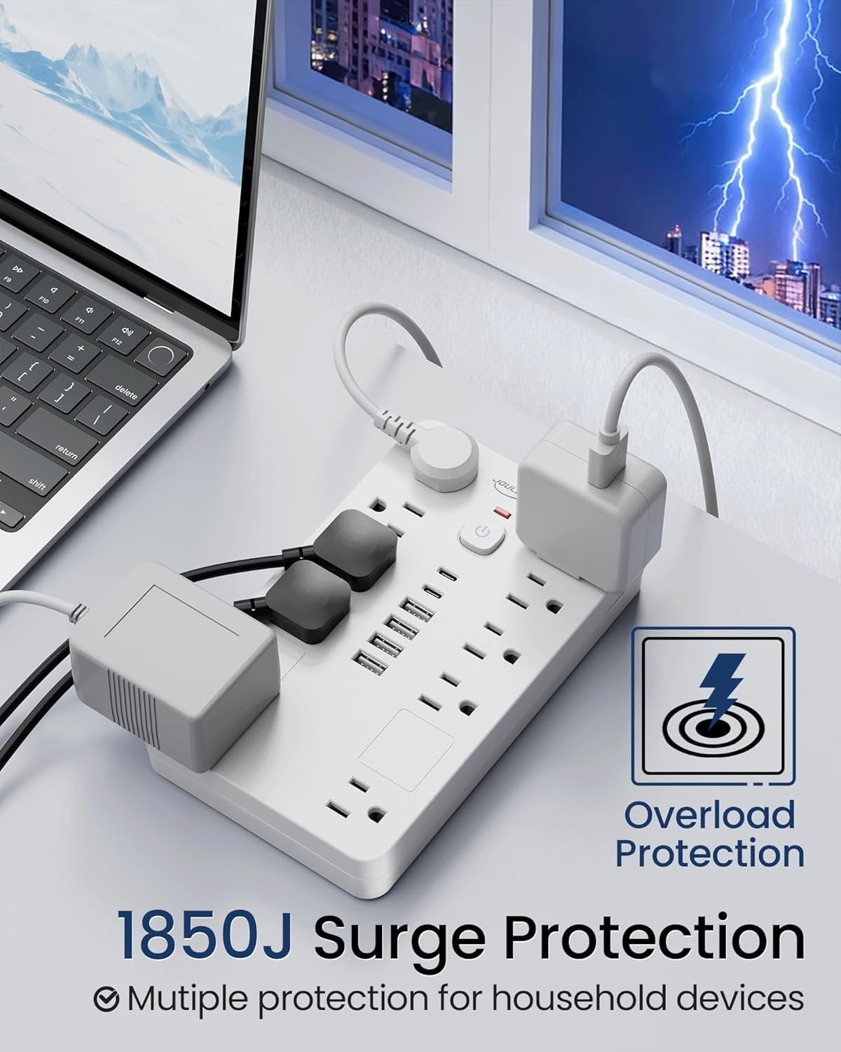 Surge Protector Power Strip,10 Outlets(1850W/15A/14AWG) with 6 USB Ports (2 USB C), 6  Extension Cord wall Mount Power Strip, ETL Listed for , Dorm Room
