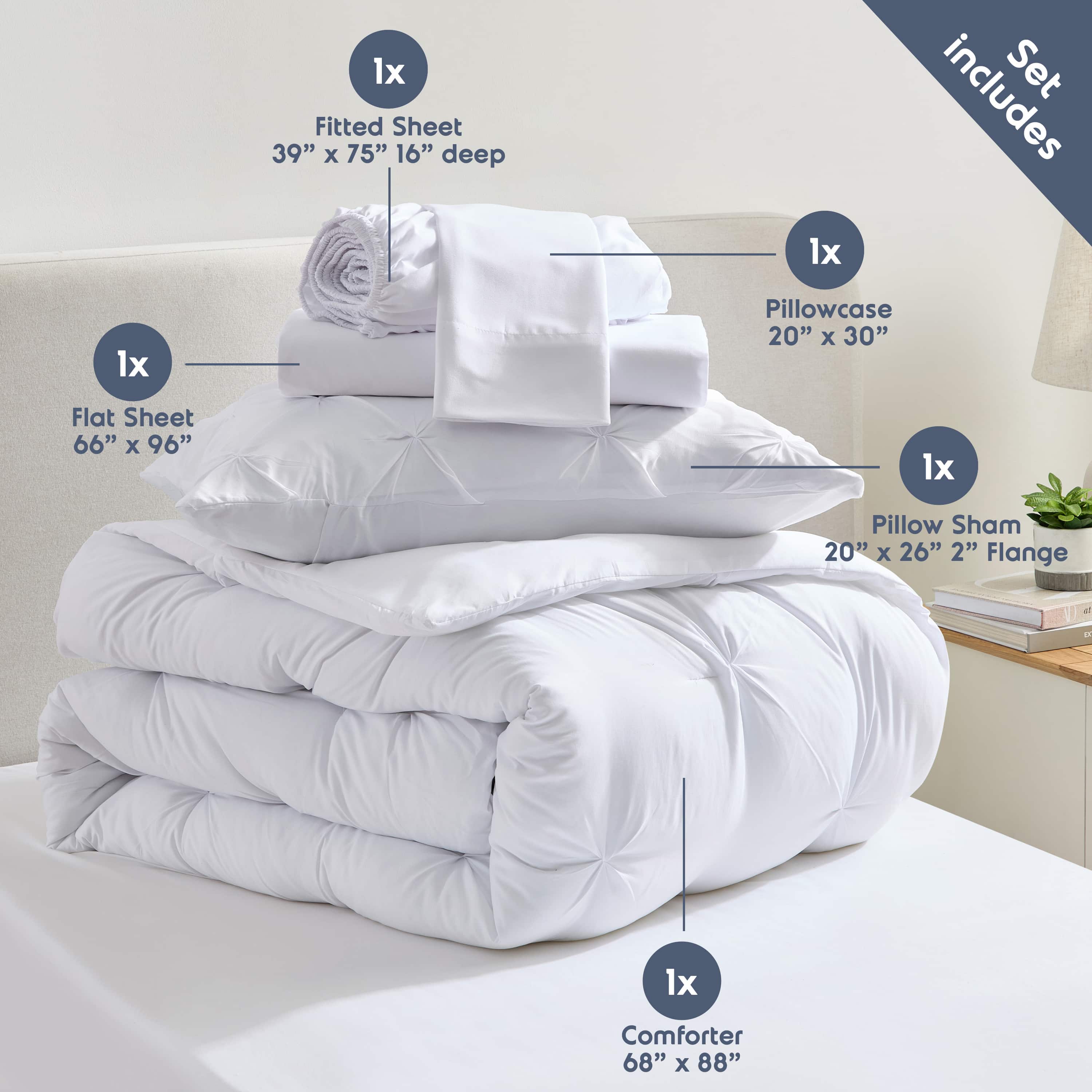 LammaLoe Twin Comforter Sets, 5 Piece Bed In A Bag Pintuck Bedding Sets, Stone Blue