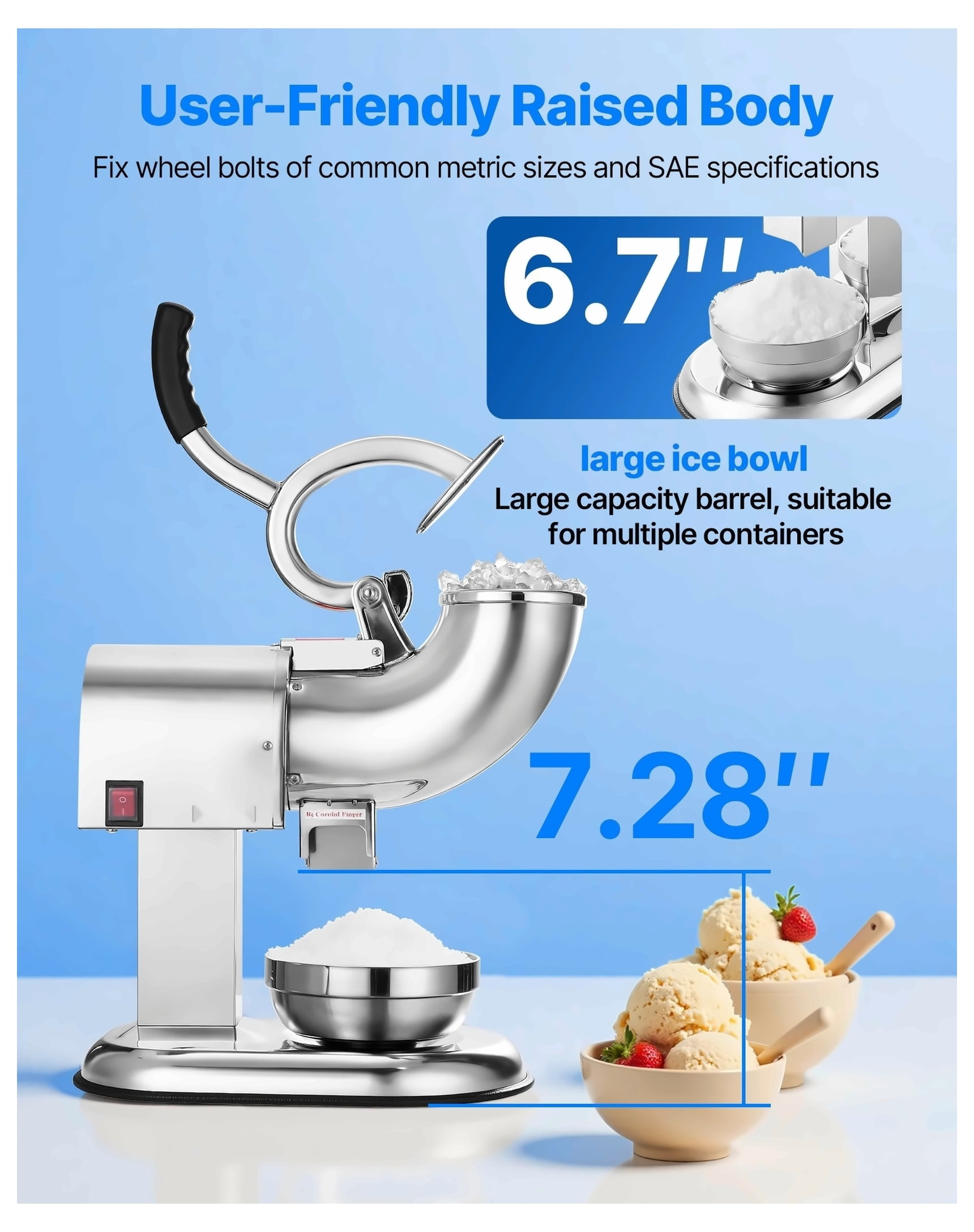 Commercial Ice Crusher 440LBS/H Electric Snow Cone Maker Shaved Ice Silver