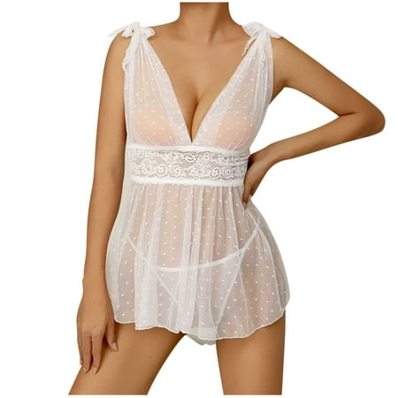 WMTBSRSW Women s Nightgown 2 Piece Polka Dots Lace Sheer Mesh V Neck Babydoll Teddy Pajamas Set with Panties Sleepwear Nighty Nightwear Nightgown