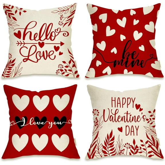 Happy Valentines Day Love Hearts Decorative Throw Pillow Cover 18x18 Set of 4, Red White Arrow Holiday Porch Patio Outdoor Pillowcase, Quote Be Mine Lover Gifts Cushion Case Home Decor