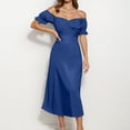 thumbnail image 2 of 2025 Vestido midi cruzado de satén con hombros descubiertos para mujer - Diseño fruncido para bodas/fiestas - Tejido elástico y ligero con opciones de tallas múltiples, 2 of 5