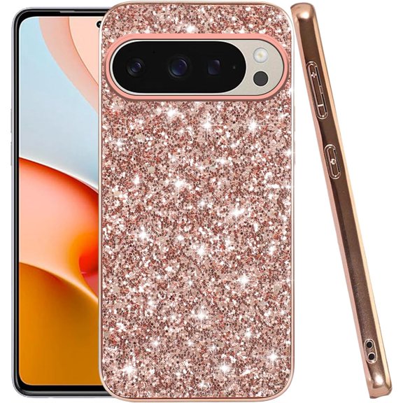 Compatible with Google Pixel 9 Pro Case Glitter Shockproof, Google Pixel 9 Pro Phone Case Bling Sparkly TPU and PC Silicone Shiny Girl Women Thin Protective Cover (Rose Gold)