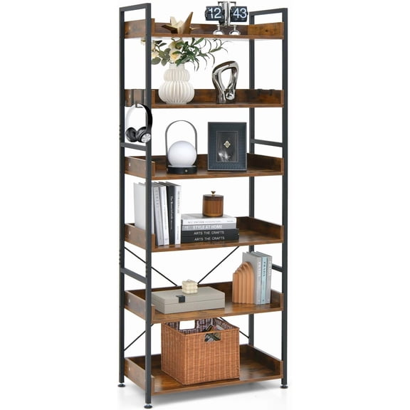 LOKO Industrial 6-Tier Bookshelf, 70” Tall Storage Shelves w/ 4 Hooks, Freestanding Storage Rack with Metal Frame, Vintage Standing Display Rack for Living Room, Balcony, Kitchen (1)