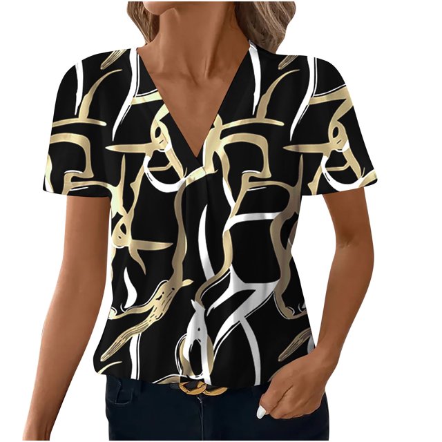 Camisetas de Manga Corta para Mujeres de Ajuste Suelto, Cuello en V de la Moda de Primavera / Verano Impreso Casual para la Oficina, la Fiesta Y Diario