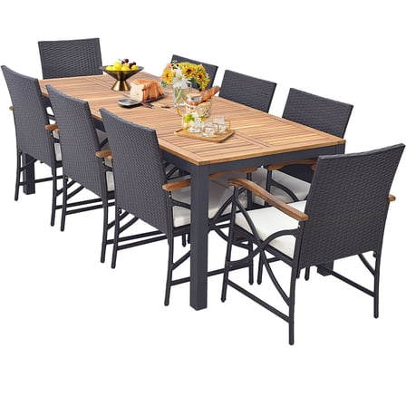 Costway 9 PCS Patio Rattan Dining Set with Acacia Wood Table, Cushions, 1.9" Umbrella Hole