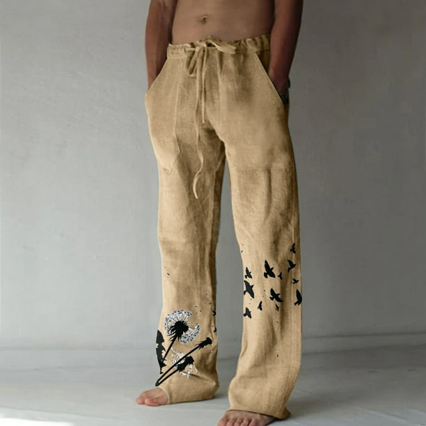 Pantalones largos de verano para hombre, de algodón y lino, con pierna ancha, estampados, con cordones, para deportes y vacaciones