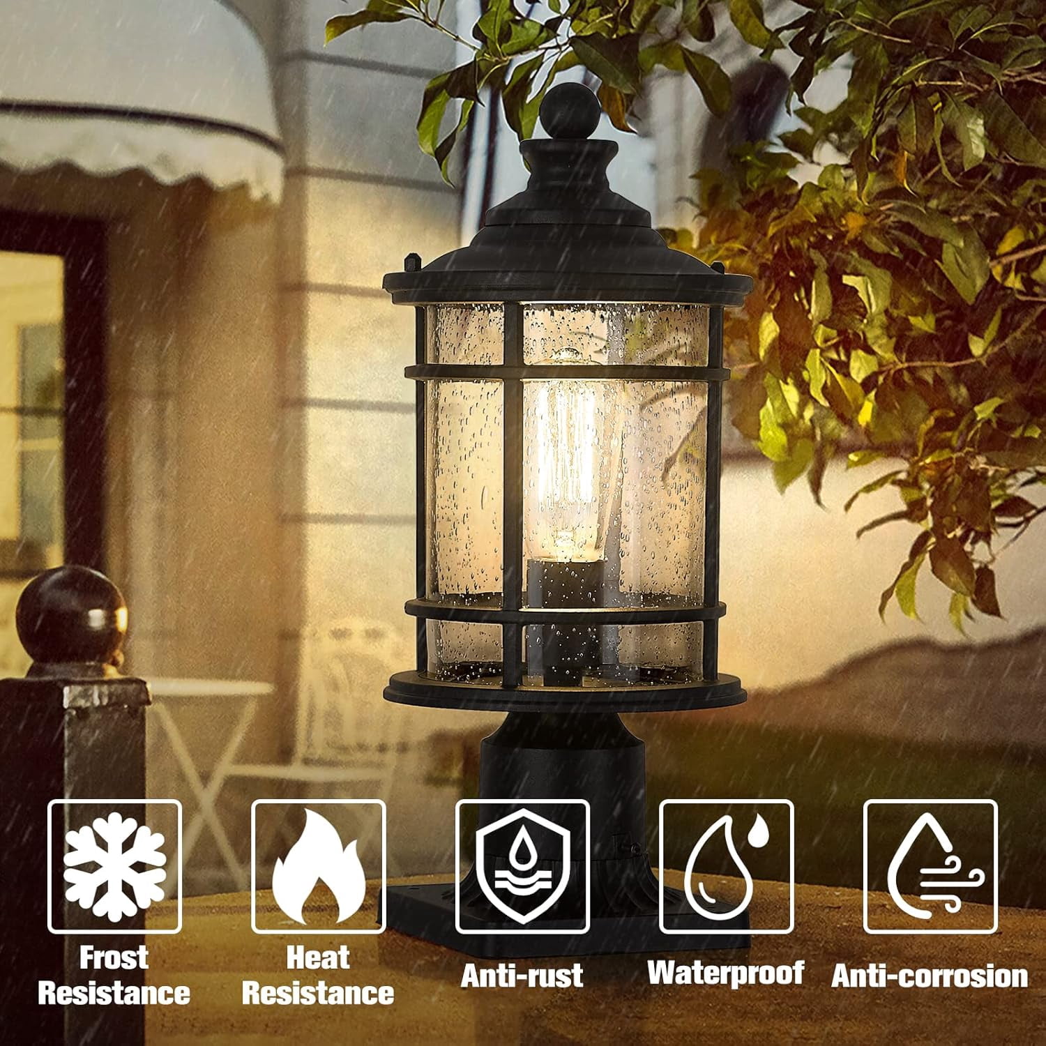 Emliviar Outdoor Lamp Post Light, 15 inch Farmhouse Post Lamp, Black Finish, E26 Base, Seeded Glass, XE229P BK