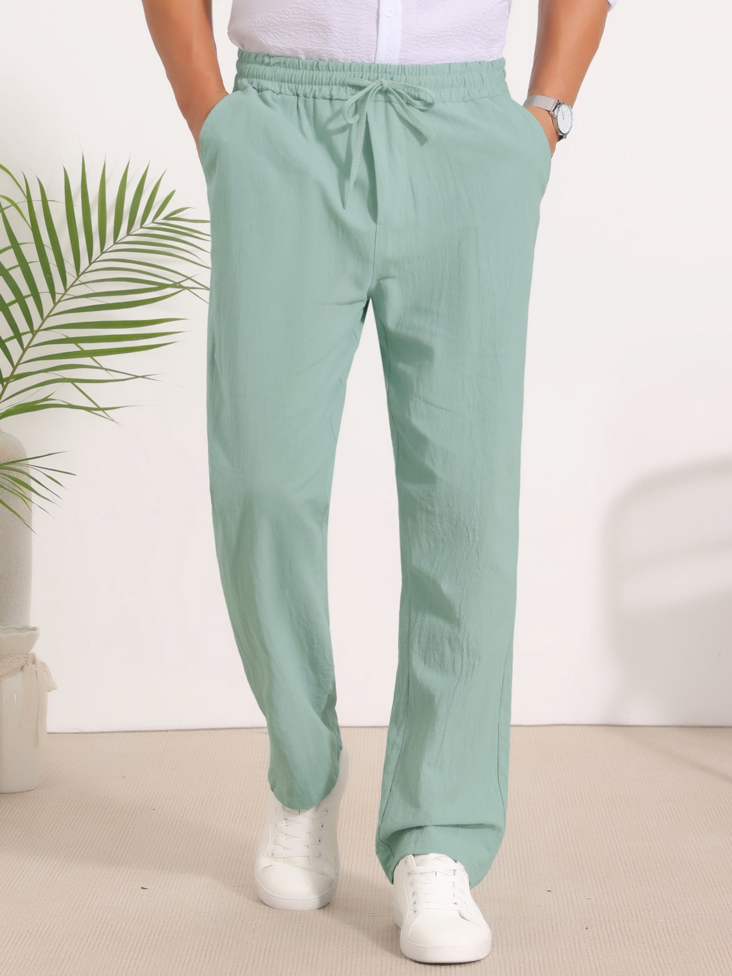 DARING DIVA Men's Beach Pants Drawstring Waist Breathable Summer Linen Pants 34 Green