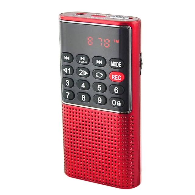 mini radio FM de bolsillo portátil radio walkman MP3 con grabadora, tecla de bloqueo, reproductor de tarjeta SD, funciona con batería recargable (NO AM) rojo