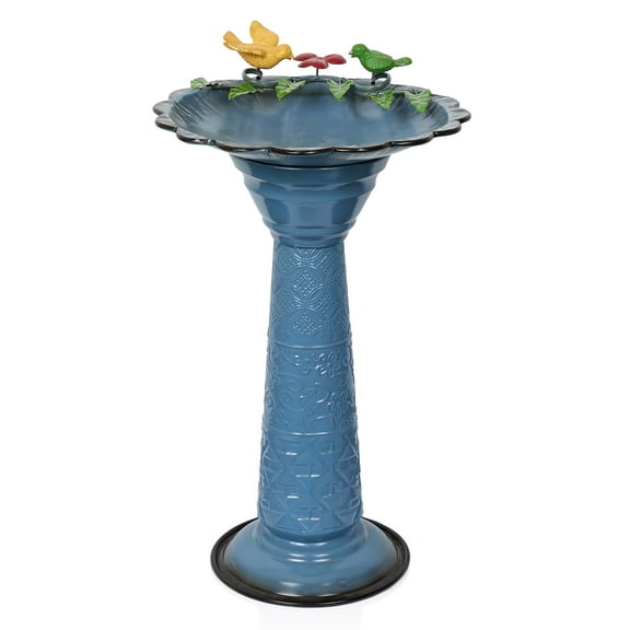 Metal Blue Birdbath with Birds and Leaves