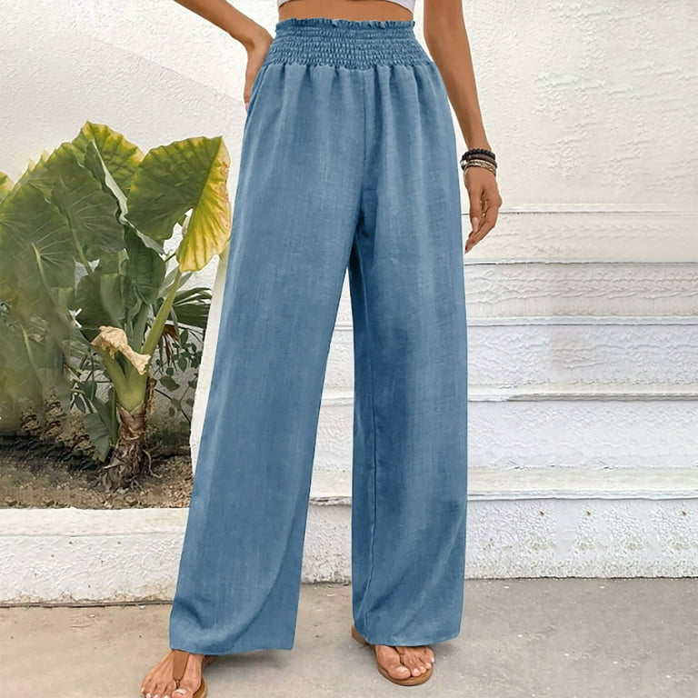 Diufon Denim Pants for Women Solid Color Wide Leg Pants Trendy - Main Image