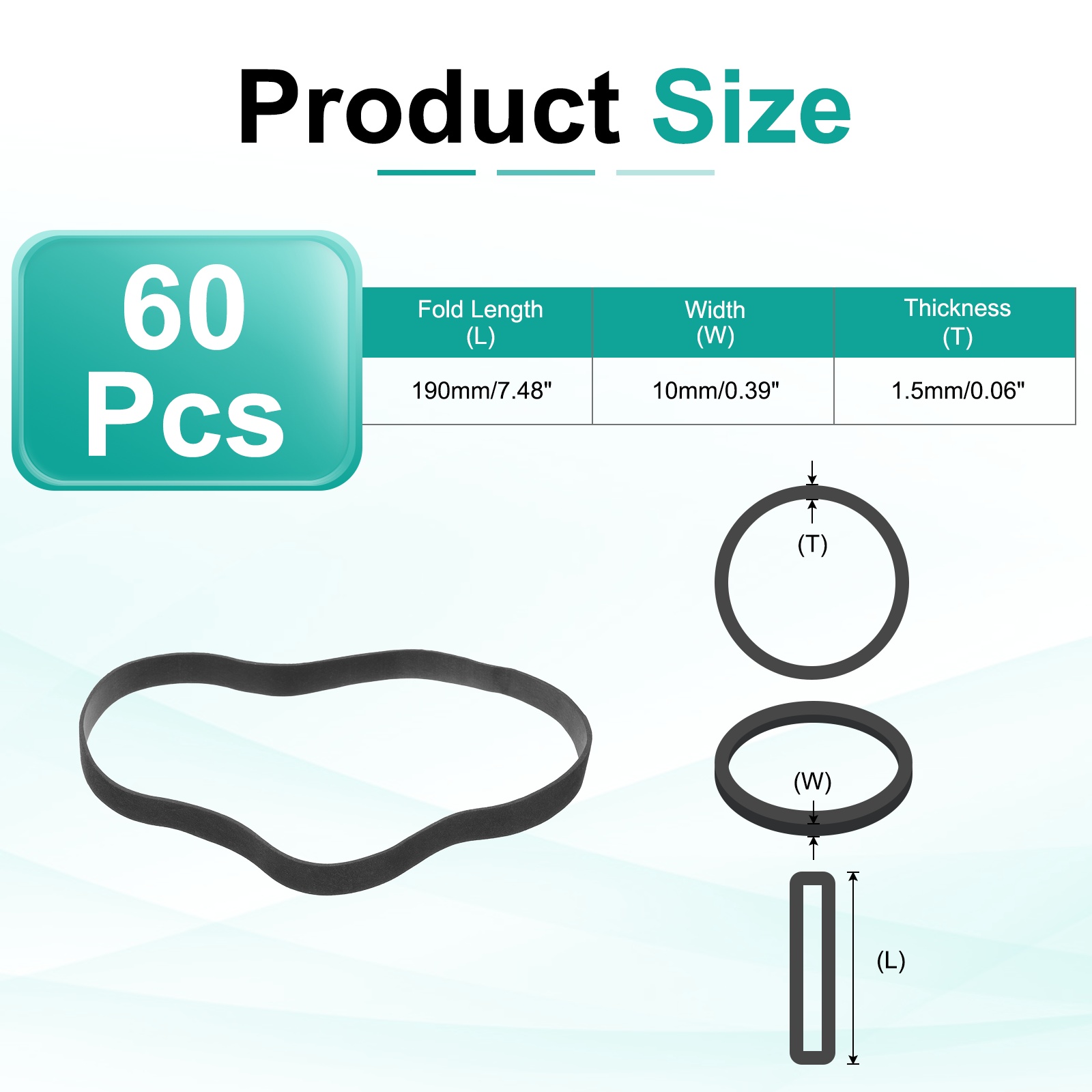 60Pack Rubber Bands, 7.48x0.39 Inch Elastic Bands for Office Supplies, Black