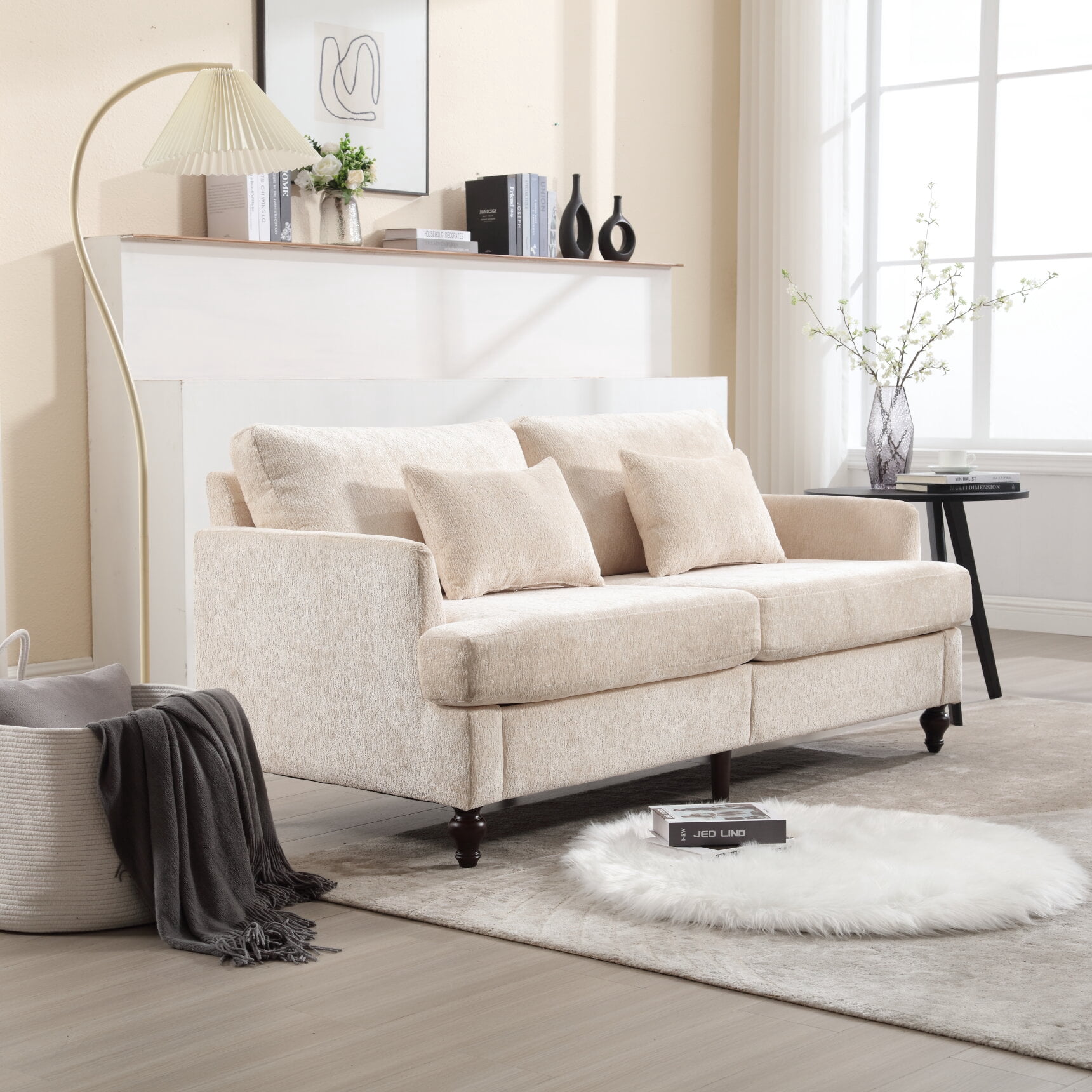 69 Inch Loveseat Sofa, Modern Chenille Upholstered 2 Seater Couch with Lumbar Pillows, Lounge Sofa for Living Room Bedroom Apartment Office, Beige