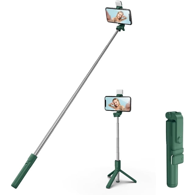 KOMI Selfie Stick Tripod with Fill Light, Extendable and Portable Stable Tripod Stand Holder with Detachable Wireless Remote Compatible with iPhone 15 for Selfies Video Recording Vlog, Green