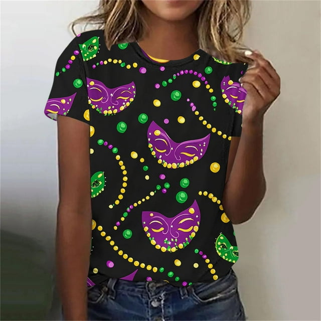 Ounisa 2025 Womens Short Sleeve Tops Mardi Gras Costumes Fashion Round Neck Color Printed Blouse