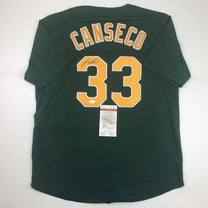 Autographed/Signed Jose Canseco Oakland Dark Green Baseball Jersey JSA COA