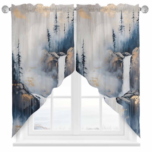 Abstract Scenery Art Swag Valances for Windows 2 Pack Mountain Waterfall Trees Watercolor Swag Kitchen Curtains 36 Inches Long Rod Pocket Short Window Treatment for Kitchen Bathroom 36"x36"