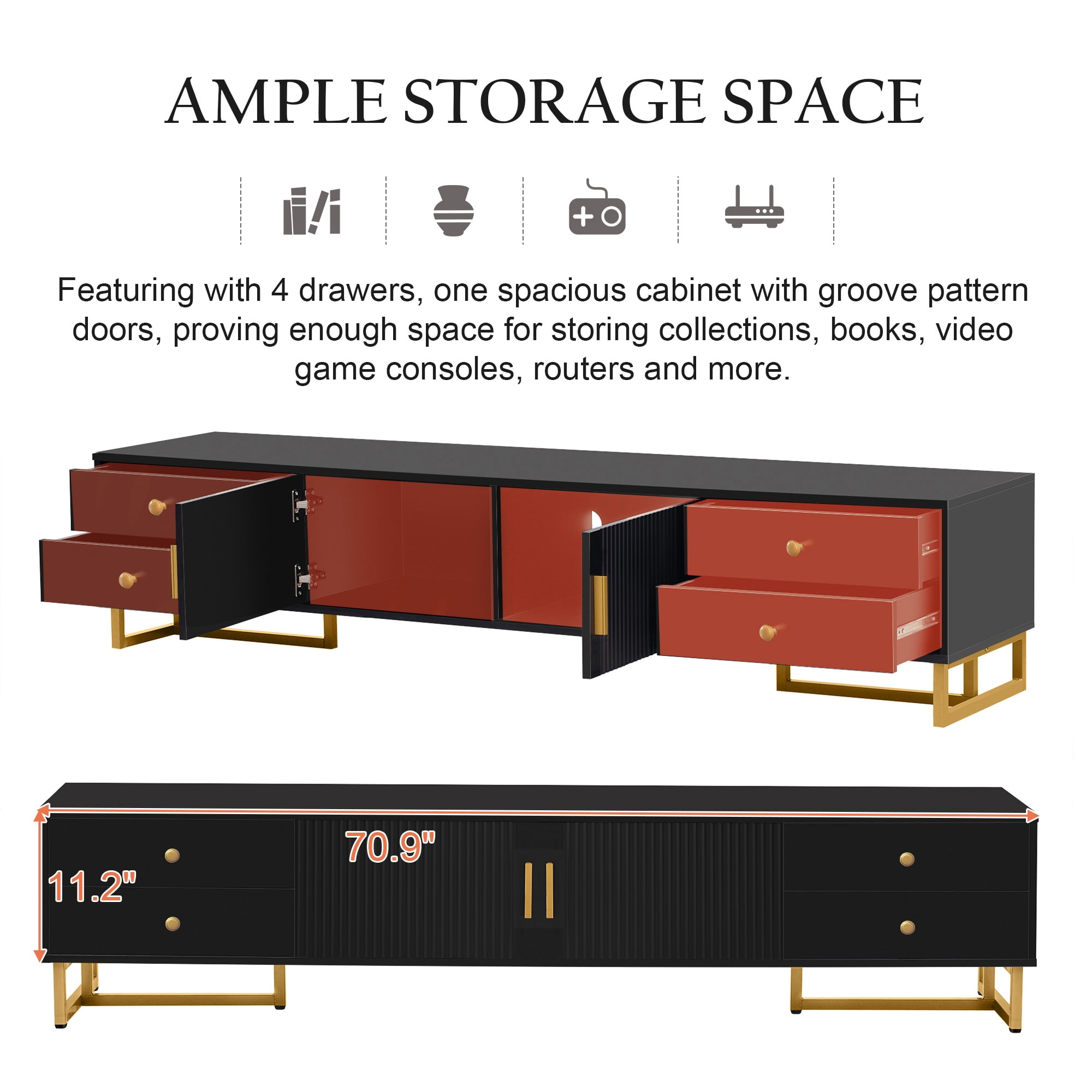 Euroco Modern TV Stand with Wave Groove Cabinet Doors, 4 Drawers, and Metal T-Frame