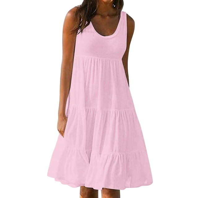 RXMEKW Robe Sans Manches pour Femmes, Robe de Plage Unie à Col Rond avec Jupe Fluide pour Vacances d'Été et Tenue Décontractée