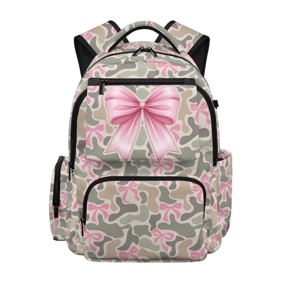 HUISEFOR Camo Bow School Backpack for Girls Large Capacity Bookbag with Front Zipper, 17 Inch Lightweight School Bag Casual College Students Backpacks Comfortable Daypack