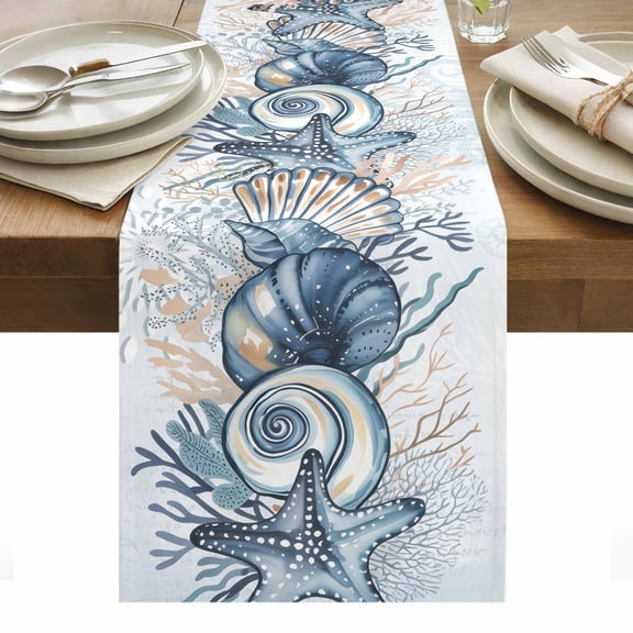 Ocean Blue Coral Table Runner - 48 Inch Long, Kitchen Dining Table Runner Dresser Scarves, Summer Coastal Starfish Flower Farmhouse Decor for Coffee Tables Wedding Party Banquet