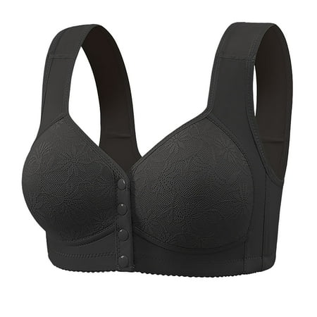 qolati Daisy Bras for Older Women No Underwire Breathable Bras Full Support Front Closure Bras Plus Size Front Button Sports Bras Black 42